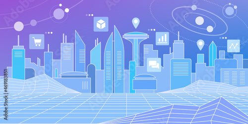 Futuristic city in a virtual reality universe
