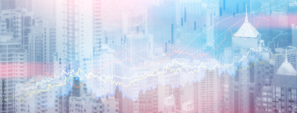 Smart city and stats concept with growing digital graphs and diagram on city background Smart city and stats concept with growing digital graphs and diagram on city background