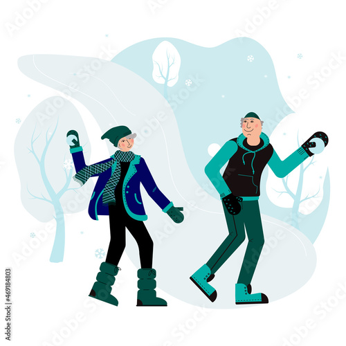Elderly couple makes snowballs. An elderly man runs away from an elderly woman with a snowball. Winter activity. Flat style. Vector Illustration.
