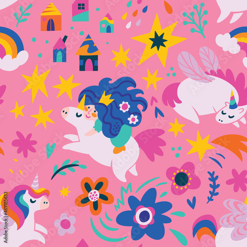 Lovely seamless vector pattern with cute unicorns  stars  houses and princess in the sky.