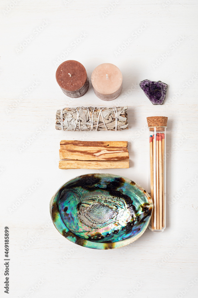 Smudge kit with white sage, palo santo, abalone sea shell. Natural