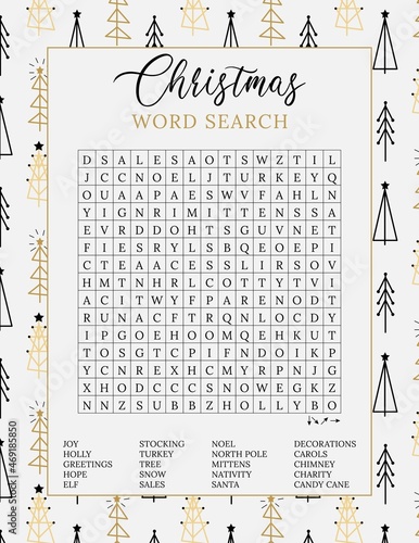 Christmas word search puzzle on the background with simple trees. Adult party card game. Crossword about winter holidays. Printable worksheet for learning English. 