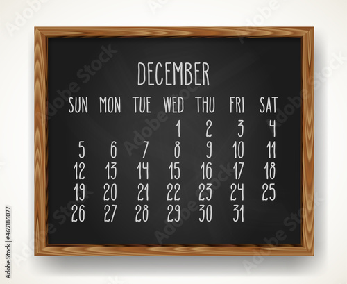 December year 2021 hand drawn black chalkboard calendar