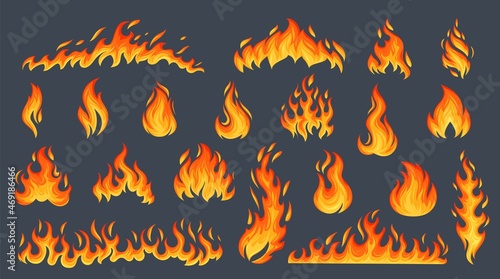 Fire flame set. Flare bonfire, bright small and big fiery elements. Orange flaming elements vector illustration.