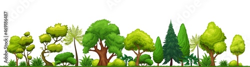 Trees and bushes. Horizontal banner landscape park, forest, backyard with green shrubs, trees and grass vector illustration.