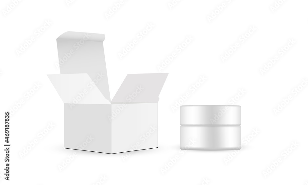 Plastic Cosmetic Jar and Opened Square Box Mockup, Side View, Isolated on White Background. Vector Illustration Plastic Cosmetic Jar and Opened Square Box Mockup, Side View, Isolated on White Background. Vector Illustration