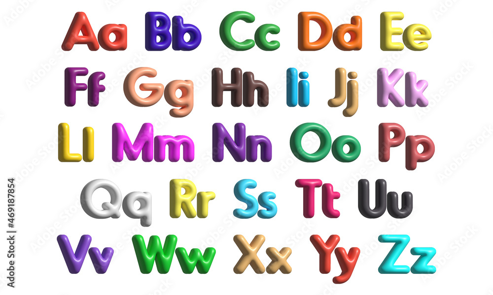 Multicolored English Alphabet with Big and Small Letters, Isolated on White Background. 3D Illustration Multicolored English Alphabet with Big and Small Letters, Isolated on White Background. 3D Illustration