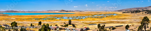 Aerial panorama of Titicaca Lake in the Andes at Chucuito in Peru