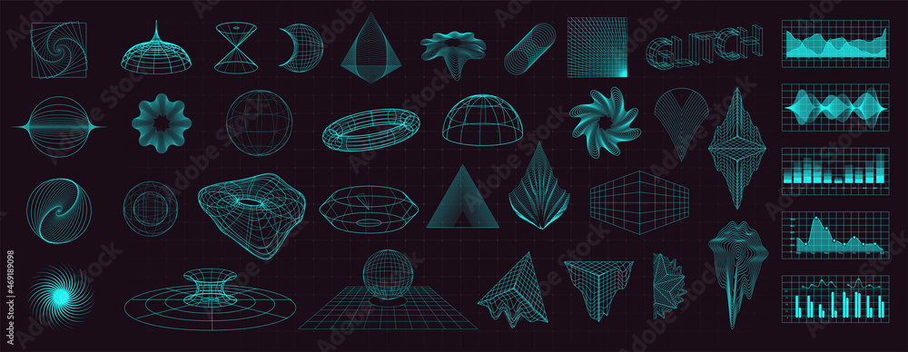 Abstract shapes collection is a trending mixture modern diverse design elements, geometric shapes. Cyberpunk retro futurism set, vaporwave. Memphis design elements for web, advertisement,posters - obrazy, fototapety, plakaty 