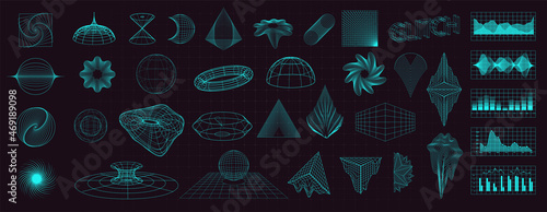 Abstract shapes collection is a trending mixture modern diverse design elements, geometric shapes. Cyberpunk retro futurism set, vaporwave. Memphis design elements for web, advertisement,posters