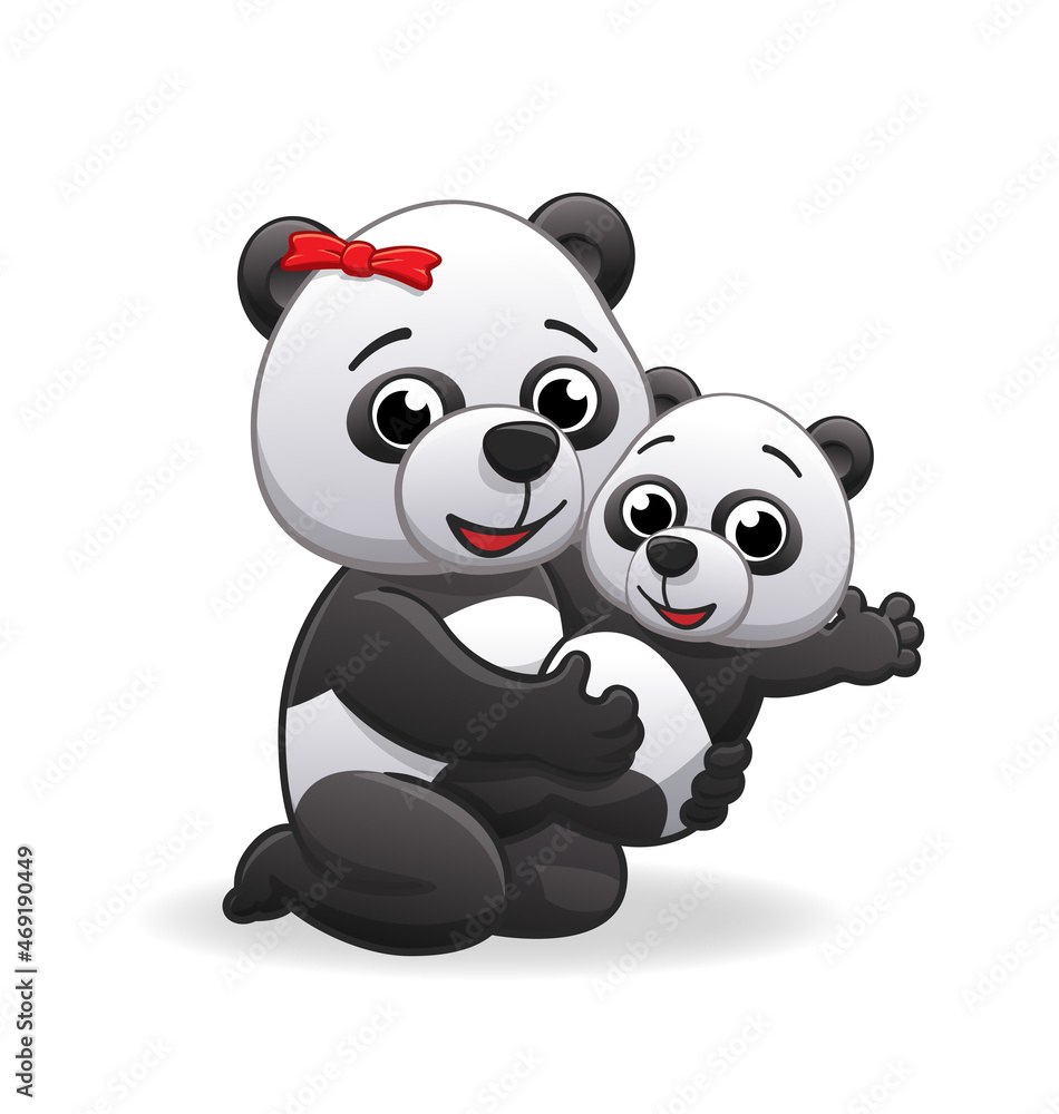 Naklejka premium cute happy panda mother with baby panda