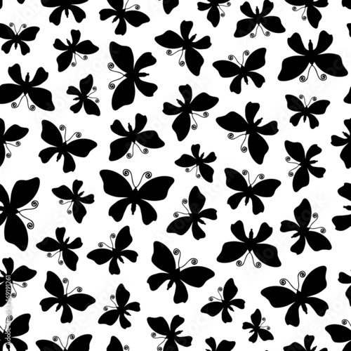 Butterfly seamless repeat pattern. Random placed, vector lepidoptera flying insect all over surface print on white background.