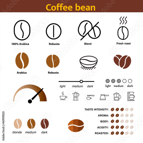 Coffee beans set. Vector illustration. Perfect ready to use set of elements for your design.  EPS10.
