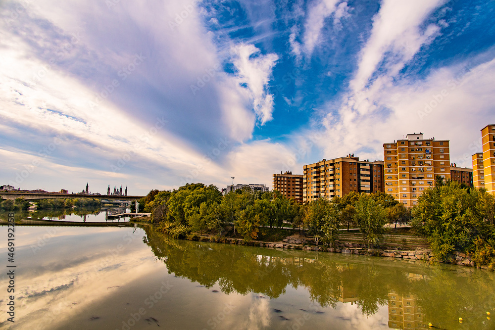 autumn natural view of the Ebro River in Zaragoza