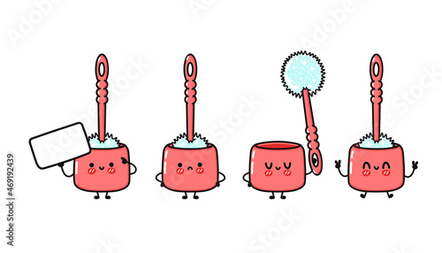 Funny cute happy toilet brush characters bundle set. Vector kawaii line cartoon style illustration. Cute toilet brush mascot character collection