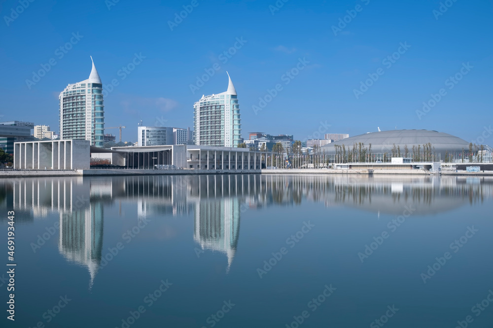 Naklejka premium A view of the waterfront Marina Parque das Nations in Lisbon, Portugal.