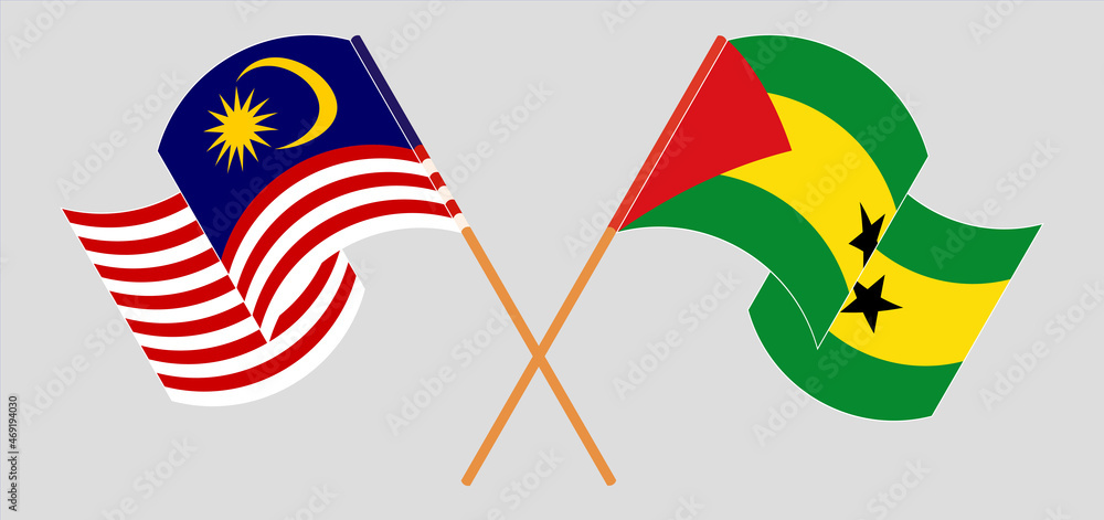 Crossed and waving flags of Malaysia and Sao Tome and Principe Crossed and waving flags of Malaysia and Sao Tome and Principe