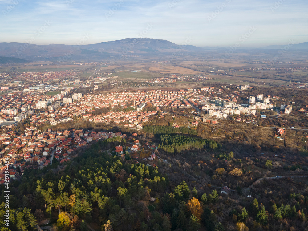 Aerial sunset view of town of Kyustendil, Bulgaria