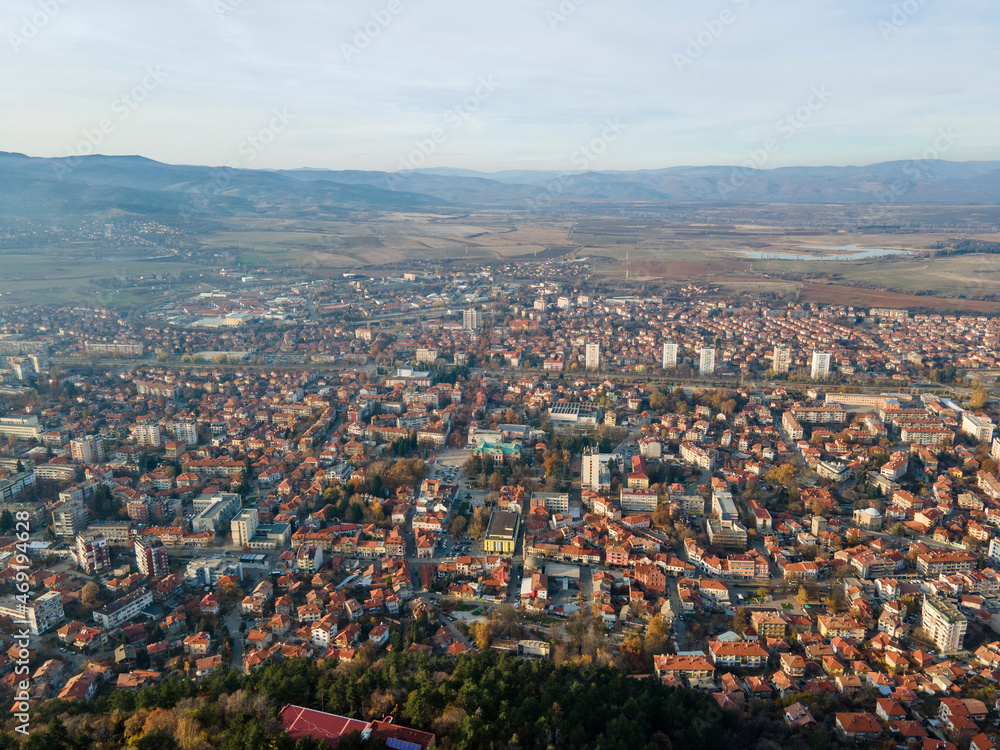 Aerial sunset view of town of Kyustendil, Bulgaria