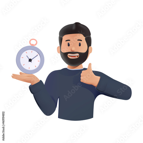 Young man, businessman standing, smiling, pointing to timer. Time set, timing, self organization, day planning, time.