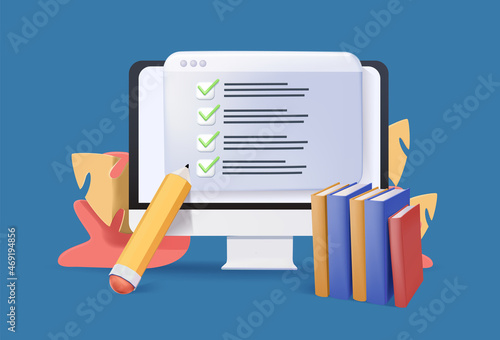 Homework assignment. Concept of e-learning, online education, home schooling, web courses, tutorials. 3d vector.