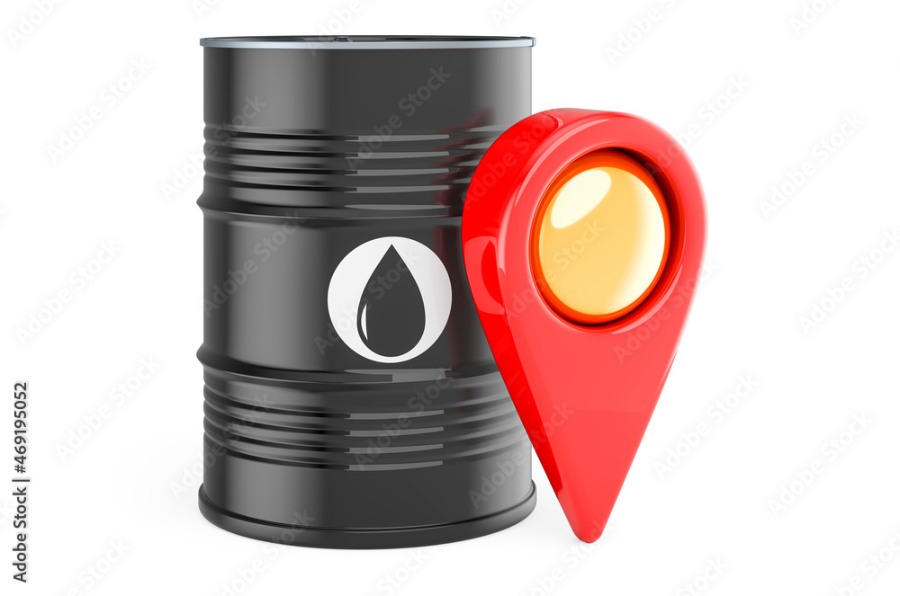 Oil barrel with map pointer, 3D rendering