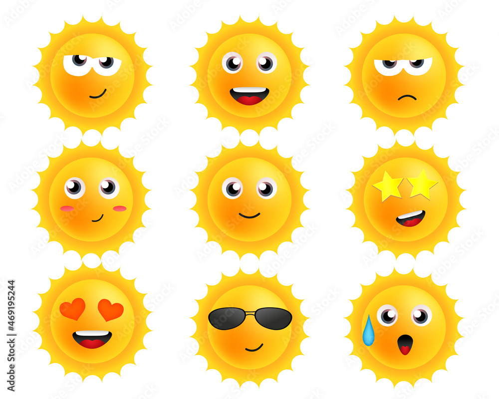 Cartoon suns with emotions. Vector sticker set with faces. Cute characters