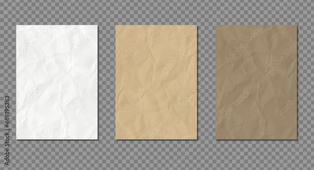 Fototapeta premium Crumpled paper set vector background. Realistic textured recycled paper collection. White and brown pages isolated on transparent background
