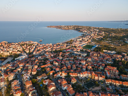 Aerial sunset view of old town and port of Sozopol, Bulgaria