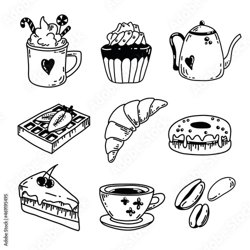 Set of Pastry Vector illustrations for Bakery design. Hand drawn sketch of Cups, Cakes, Teapot, croissant, cupcake, waffle, donut in doodle style. Black line o for cafe or restaurant menu