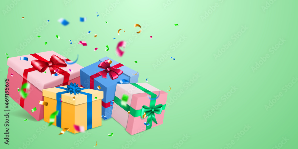 Vector illustration with several colored gift boxes with ribbons and bows, and small blurry pieces of serpentines on light green background