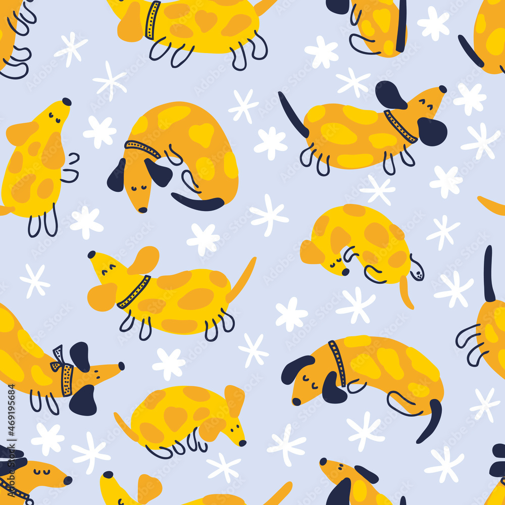 Naklejka premium Doodle winter seamless pattern with spotted dachshunds and snowflakes. Perfect for T-shirt, postcard, textile and print. Hand drawn vector illustration for decor and design.