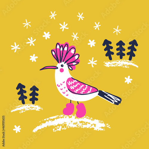 Winter hoopoe bird with with Christmas trees and snowflakes. Perfect for T-shirt, poster, textile and print. Hand drawn vector illustration for decor and design. 
