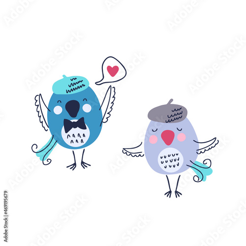 Hand drawn two cute birds in berets. Set of splendid fairy wren in cartoon style. Perfect for T-shirt, poster, textile and print. 
