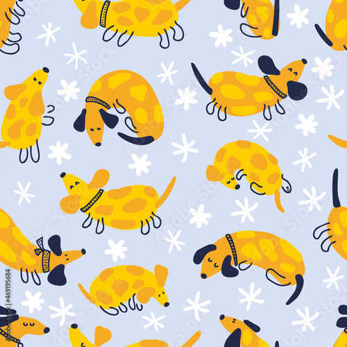 Doodle winter seamless pattern with spotted dachshunds and snowflakes. Perfect for T-shirt, postcard, textile and print. Hand drawn vector illustration for decor and design.
