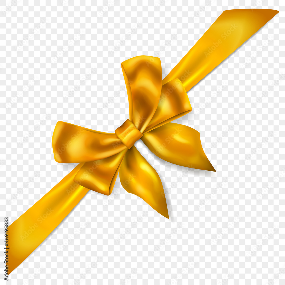 Beautiful yellow bow with diagonally ribbon with shadow, isolated on transparent background. Transparency only in vector format