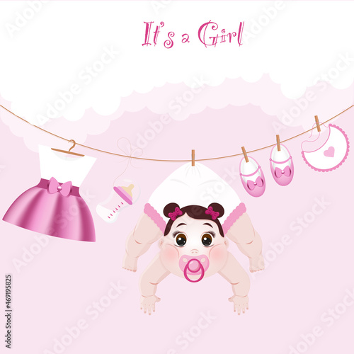 Gender reveal party baby girl with dark hair and eyes newborn postcard vector 