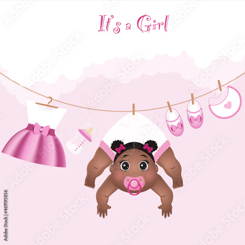 Gender reveal party black baby girl newborn postcard vector