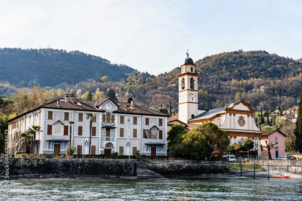 Luxury Villa Trotti on the shore of Lake Como with mountains in the background. Italy
