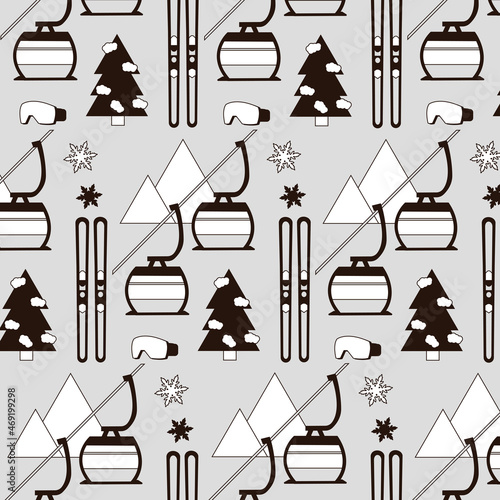 ウィンタースポーツ&雪あそび-シンプルなアイコンイラスト背景パターン-白黒