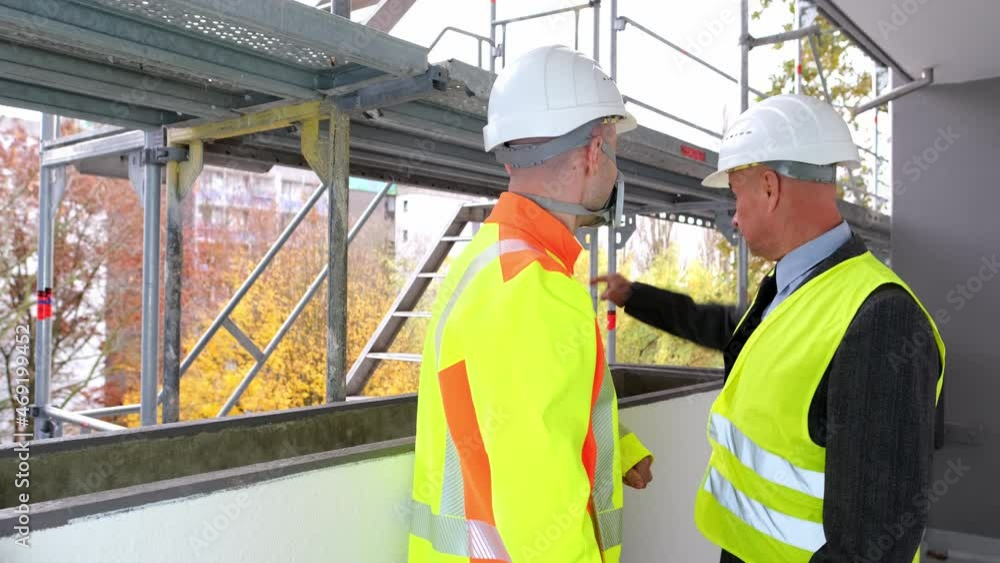 Two men, an architect and construction engineer, foreman in white helmet protection inspect performance of project, a construction site of a multi-storey house, building in progress Two men, an architect and construction engineer, foreman in white helmet protection inspect performance of project, a construction site of a multi-storey house, building in progress