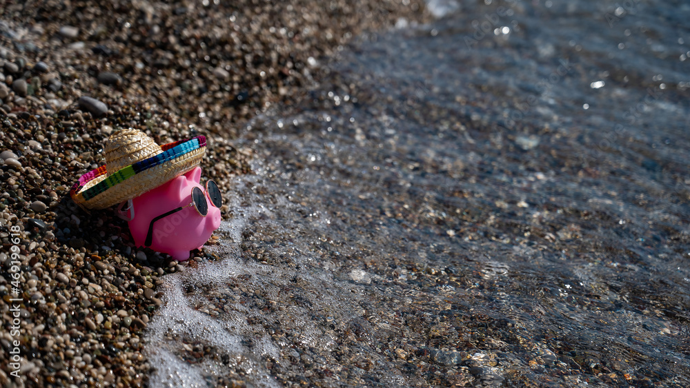 Obraz premium Piggy bank in sunglasses and a sombrero on a pebble beach. Rest at the sea.