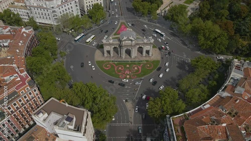 Landmark of Madrid, beautiful aerial view of La Puerta de Alcala, Spain, 4k photo