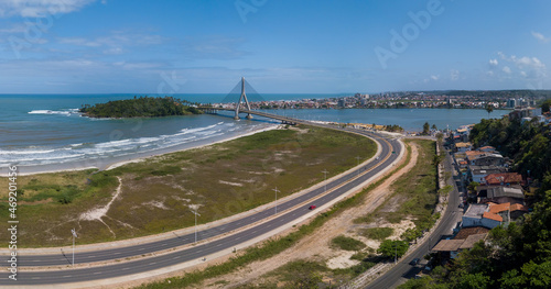 Aerial footage of Ilhéus, Bahia with the new Ilhéus-Pontal cable-stayed bridge in the background