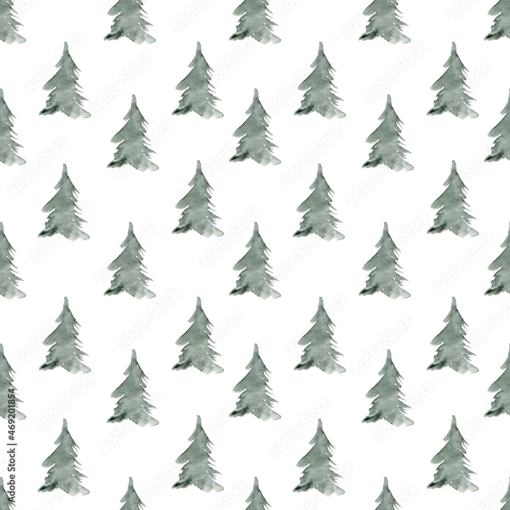 Seamless pattern with watercolor dark green firs illustrations. Pattern for wrapping paper, wallpapers, decor, design. 