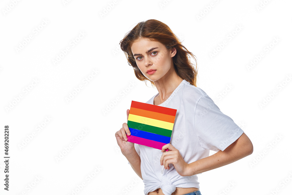 woman wearing white t-shirt lgbt flag inventor community woman wearing white t-shirt lgbt flag inventor community