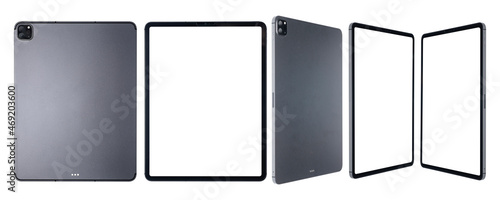 collection blank screen of new model tablet, front view , side view , back view isolated on white background