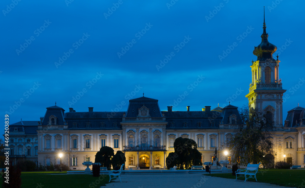 Obraz premium Night Festetics Palace is historical landmark of Keszthely in Hungary outdoors.