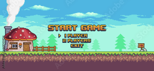 Pixel art 8bit game home screen. Landscape start game background