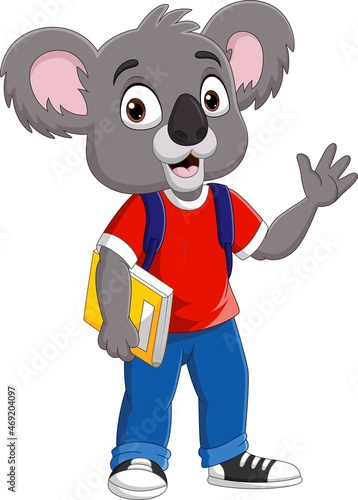 Cartoon funny koala with backpack and book waving hand